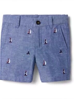 Janie and Jack Embroidered Sailboat Linen Shorts Cadet Blue 18-24 Months